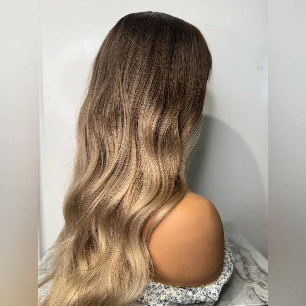 Long Ombre Balayage Wig w/ Bangs – Brown to Light ash Blonde Wavy Natural Look